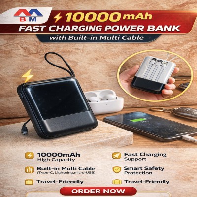 🔋 10000mAh Fast Charging Power Bank-(মাল্টি কেবল সাপোর্টসহ)